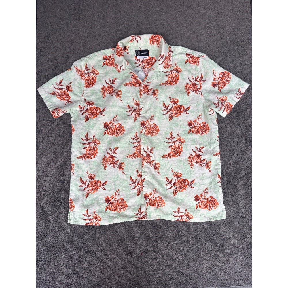 Original USE Mens Hawaiian Shirt Large Green Linen Floral Short Sleeve Collared